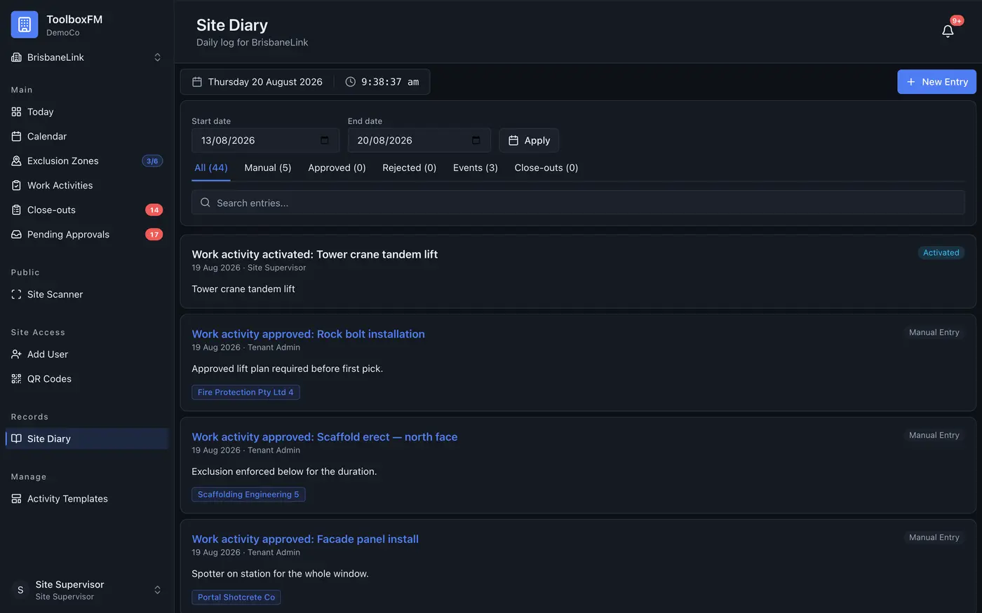 Site diary — a dated log of approvals, activations and manual entries with author and subcontractor