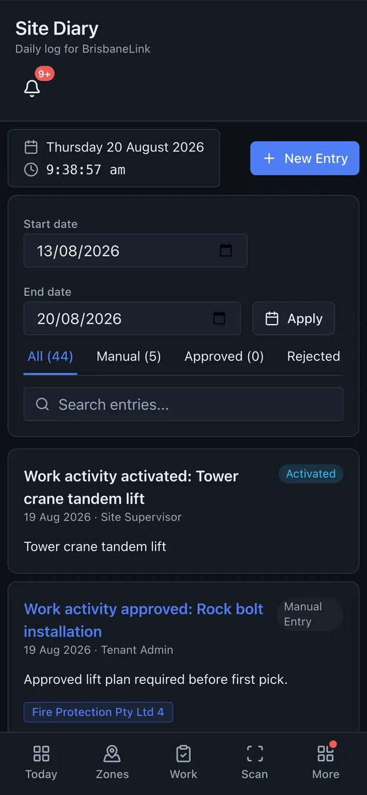 Site diary on a phone — a dated log of approvals, activations and manual entries