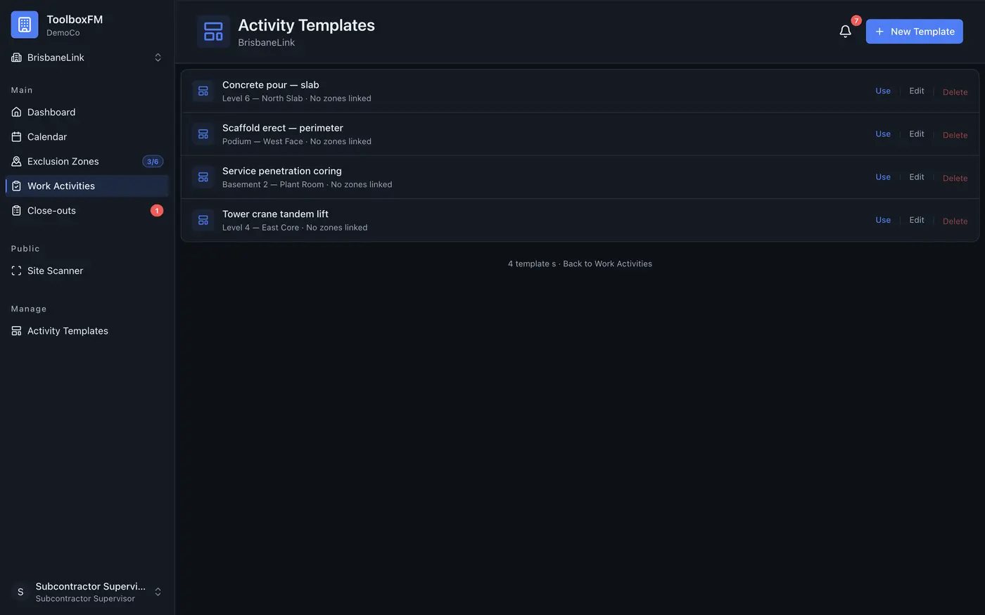 Activity templates a subcontractor can reuse — each with Use, Edit and Delete