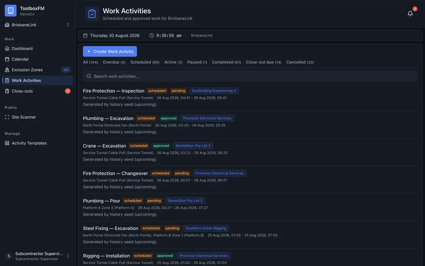 A subcontractor's own submitted activities with their lifecycle state and zone