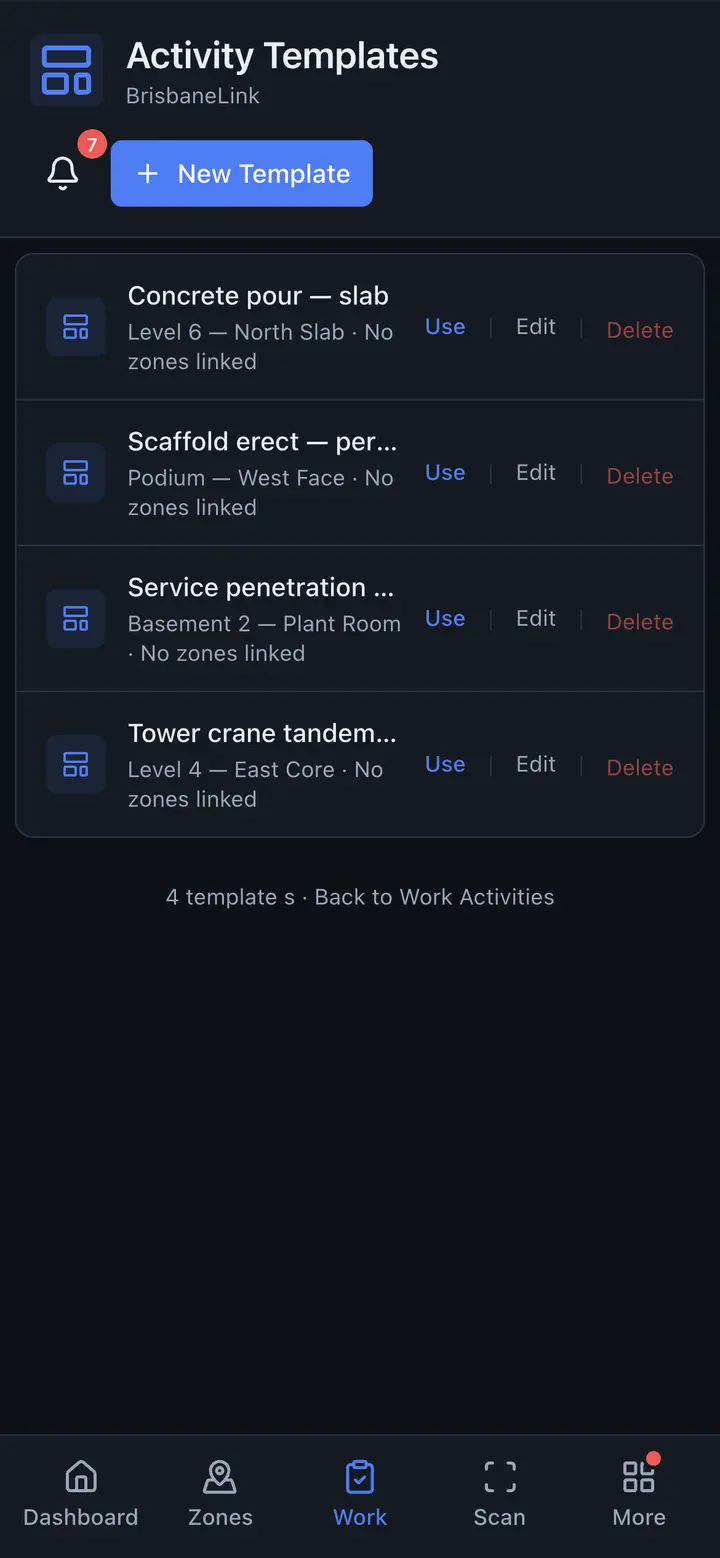 Activity templates on a phone — each one reusable with Use, Edit and Delete