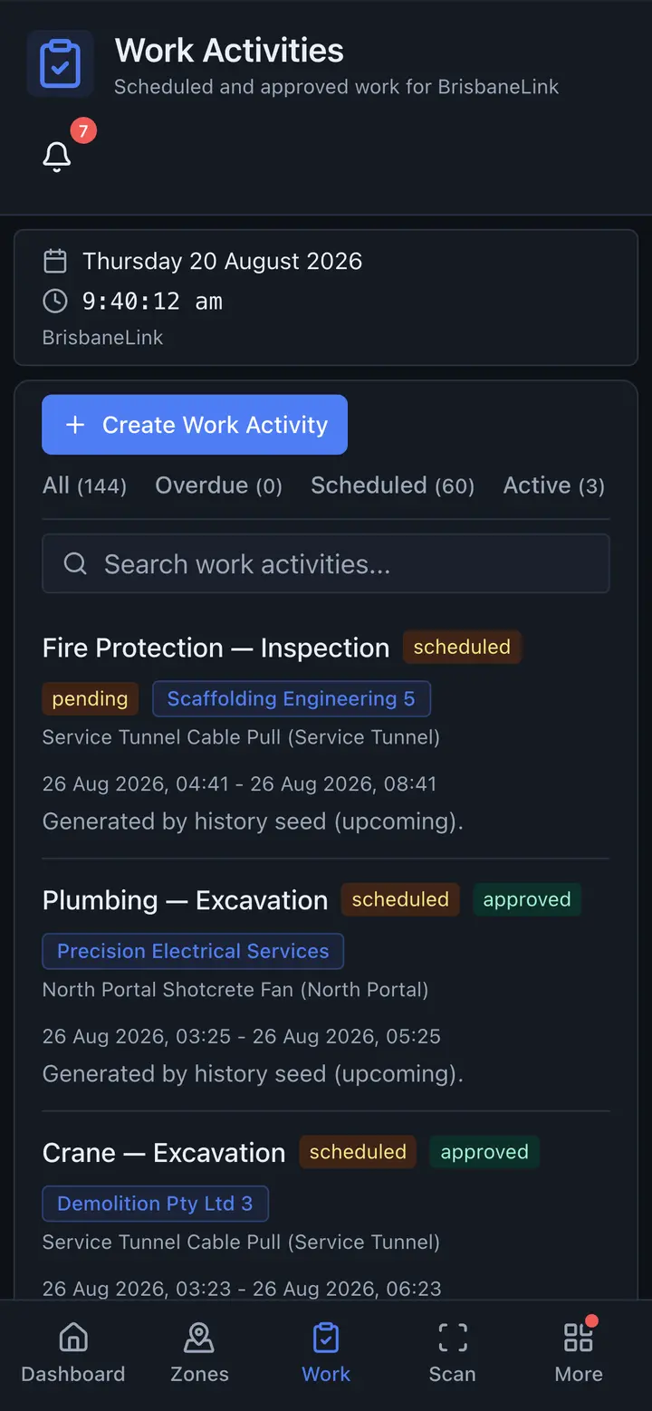 A subcontractor's own submitted activities on a phone, each with its lifecycle state and zone