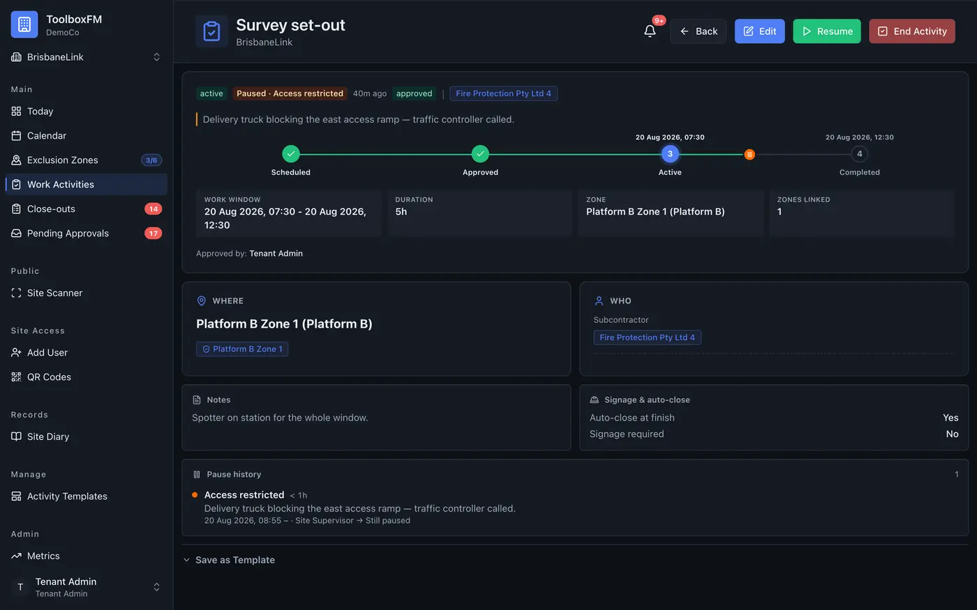 Work activity detail — lifecycle, work window, zone, subcontractor and pause history