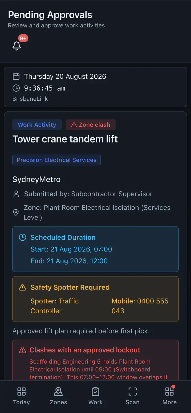 The same clash on a phone — Zone clash badge, scheduled duration, spotter and the overlap detail