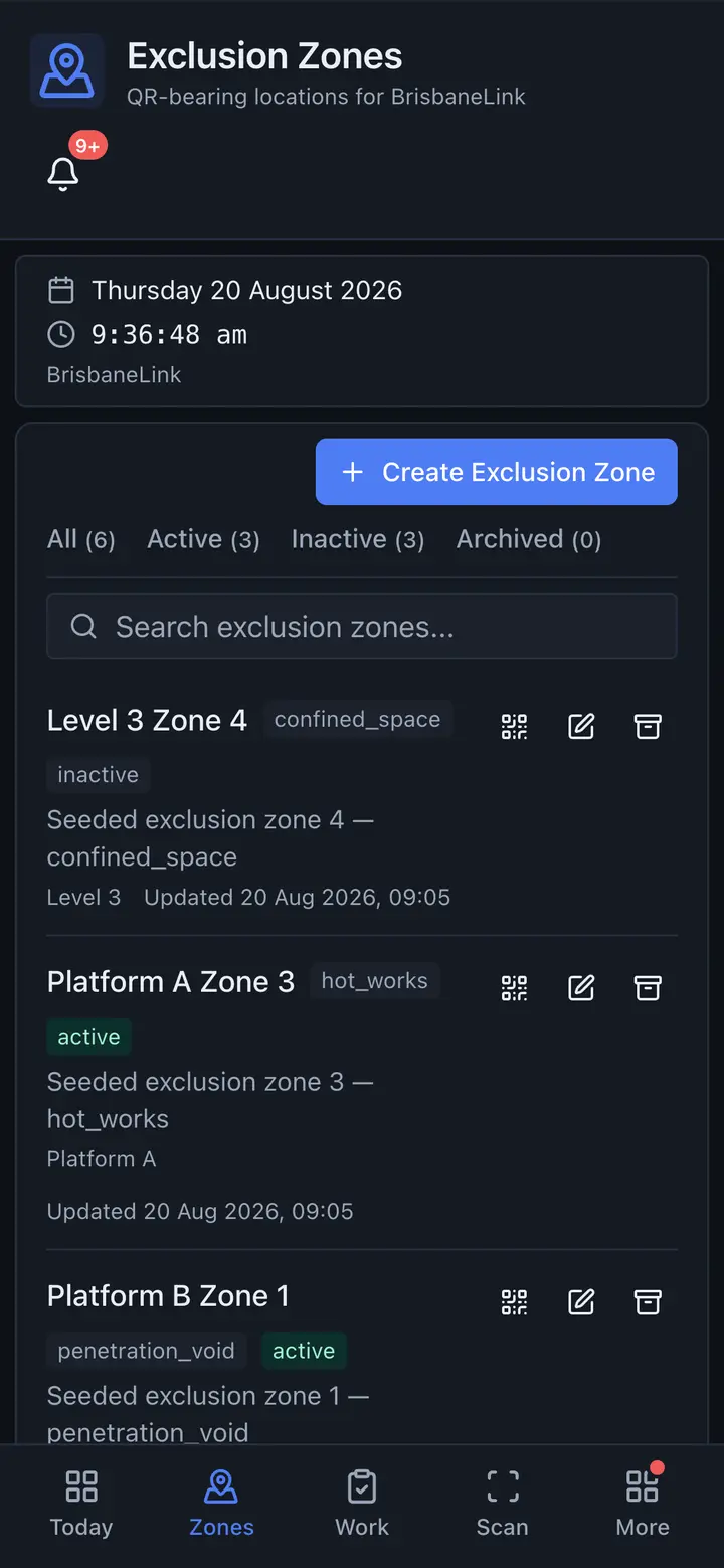 Exclusion Zones on a phone — six QR-bearing zones with hazard type and active status