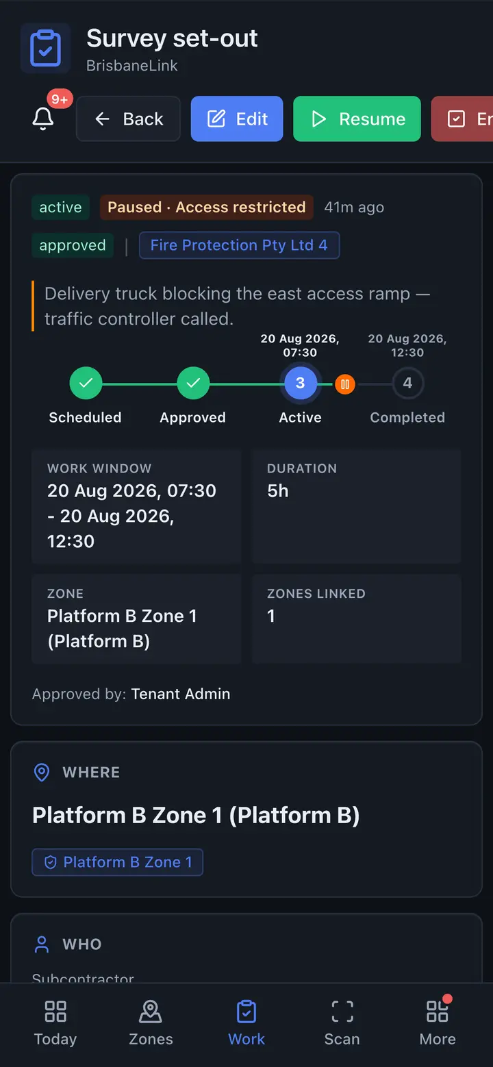 Work activity detail on a phone — lifecycle, work window, zone and pause history
