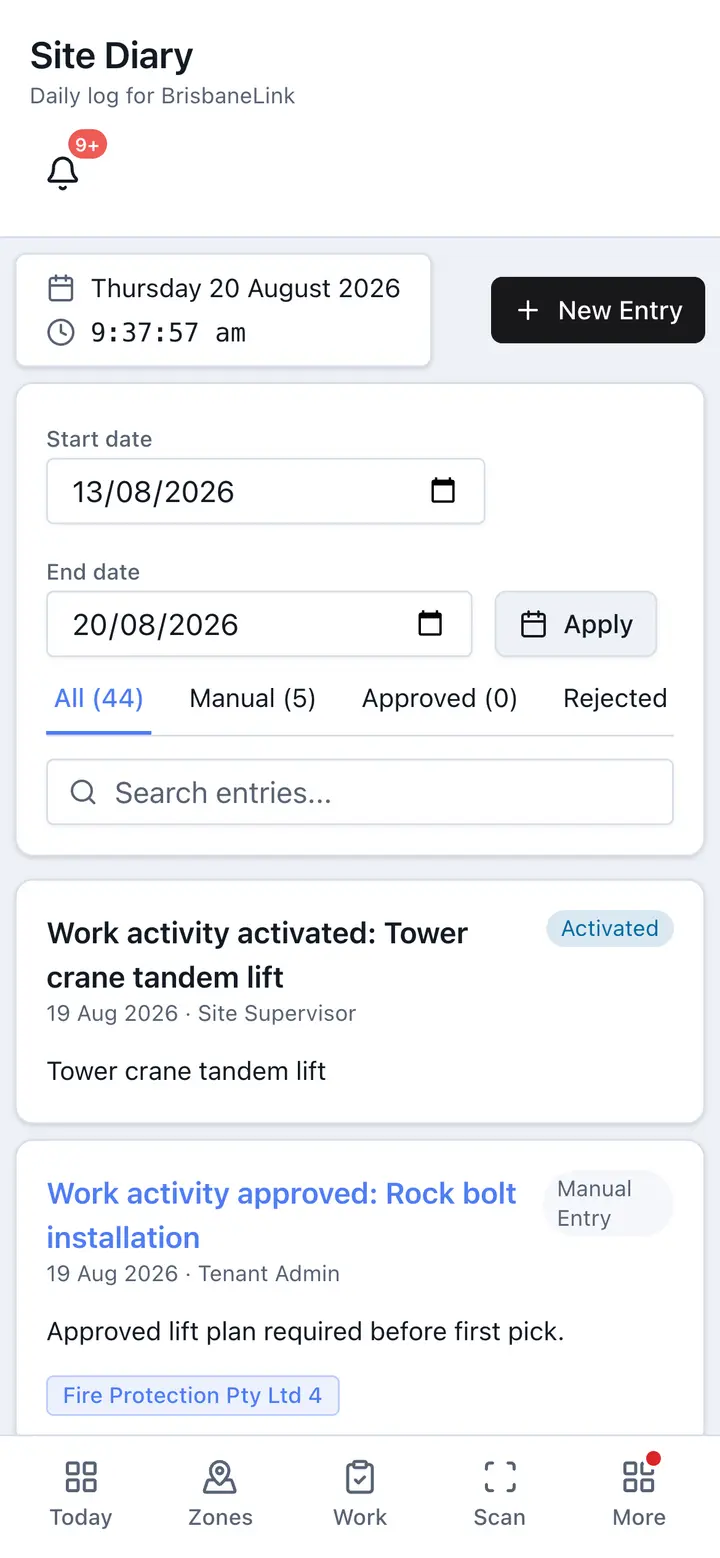 Site diary on a phone — a dated log of approvals, activations and manual entries