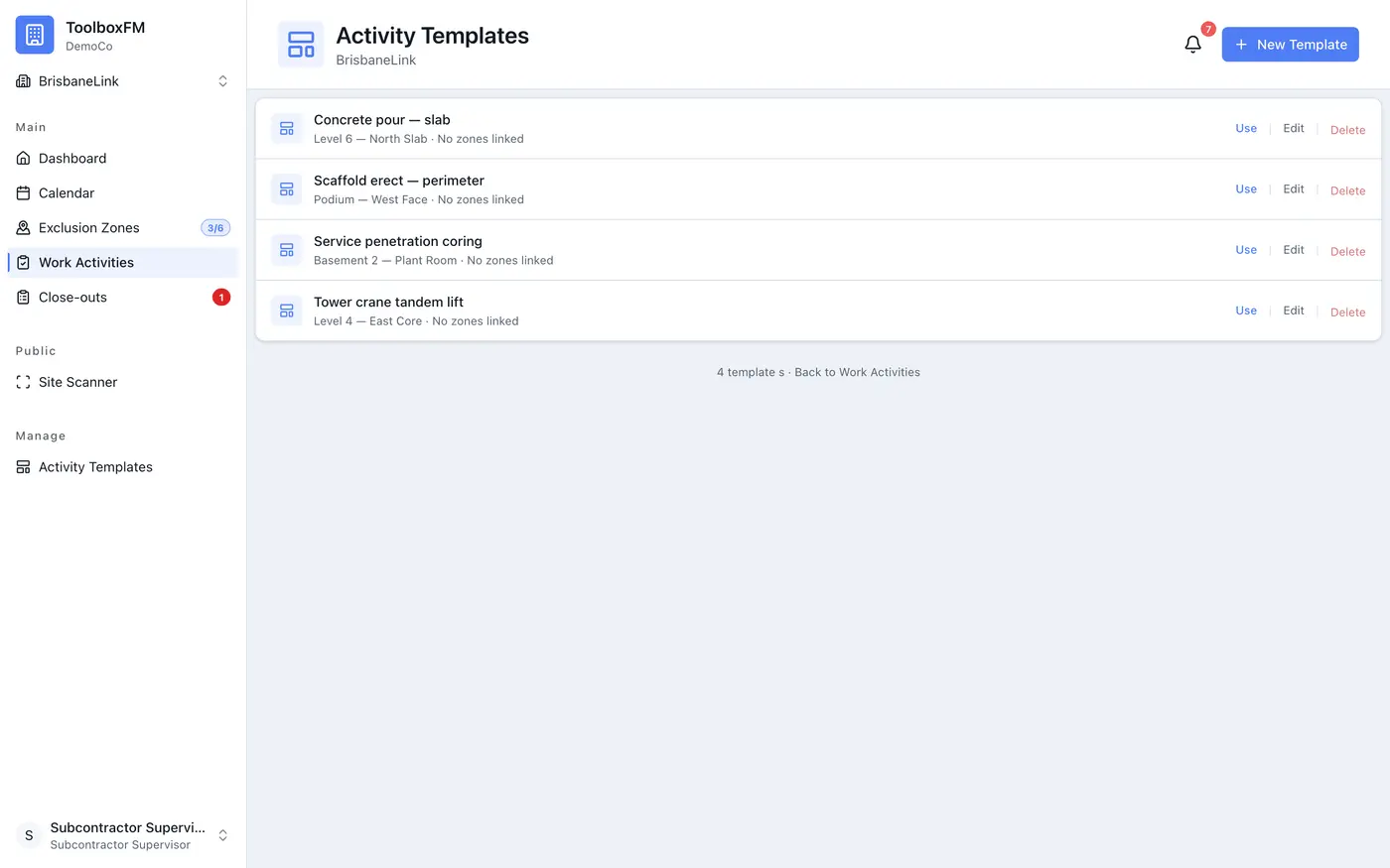 Activity templates a subcontractor can reuse — each with Use, Edit and Delete