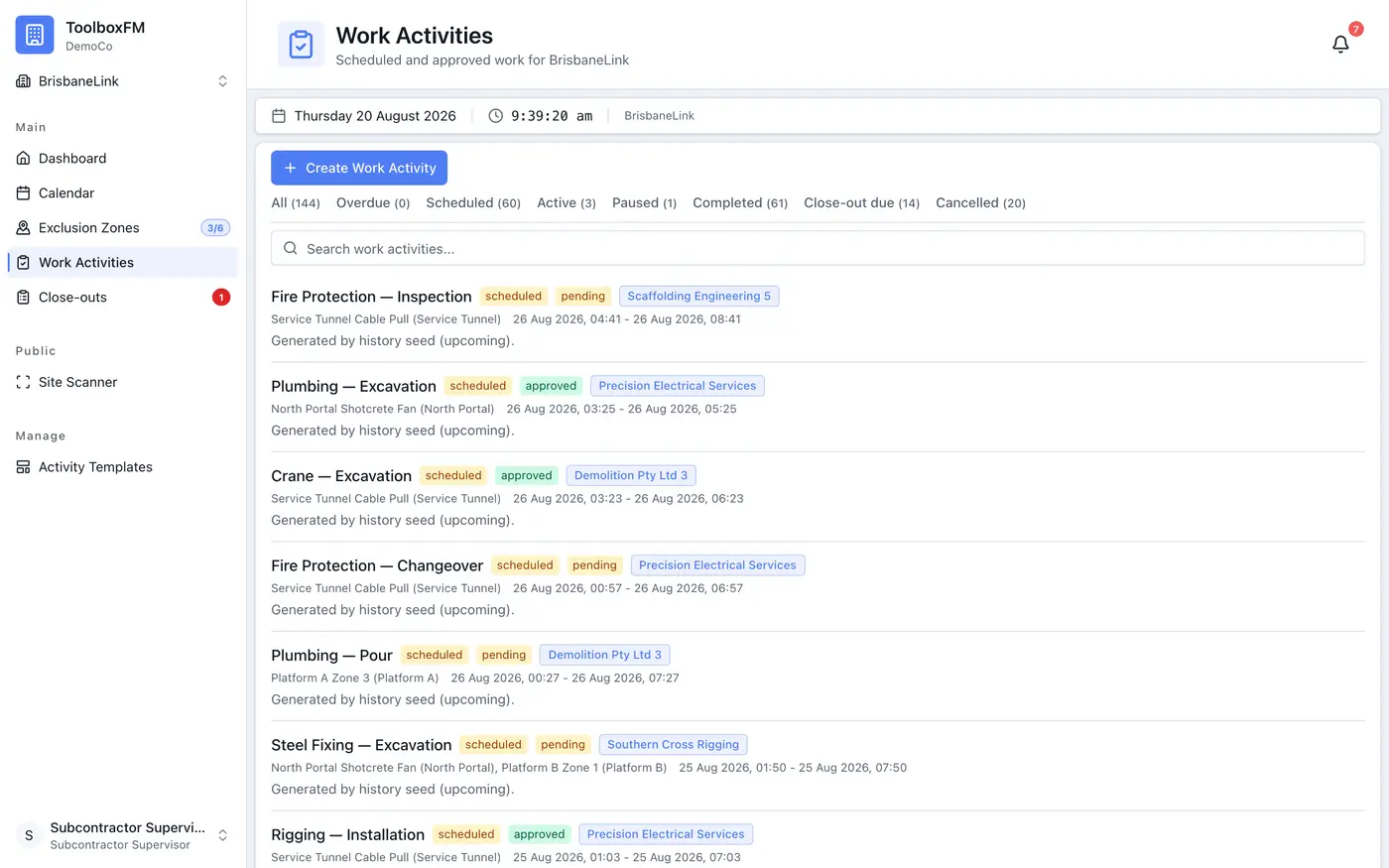 A subcontractor's own submitted activities with their lifecycle state and zone