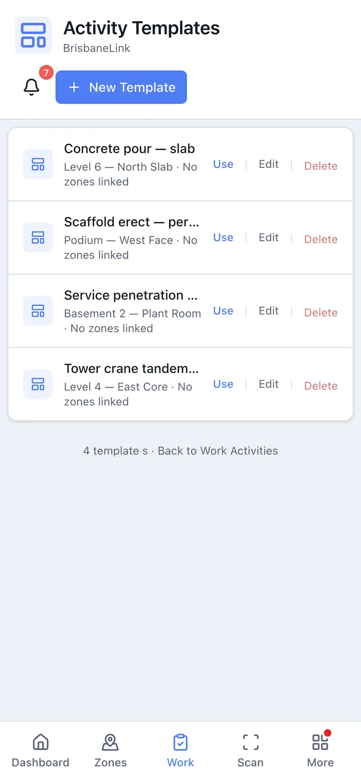 Activity templates on a phone — each one reusable with Use, Edit and Delete