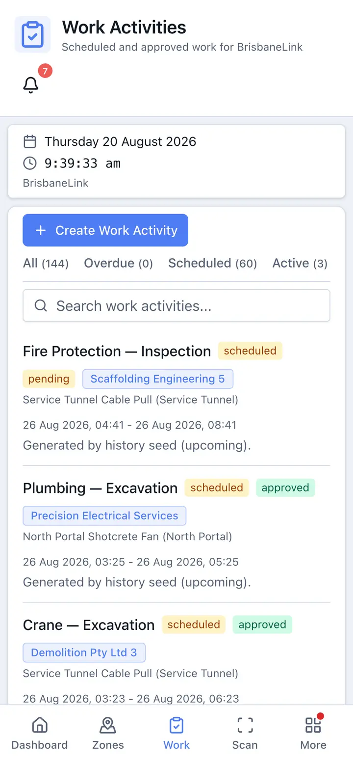 A subcontractor's own submitted activities on a phone, each with its lifecycle state and zone