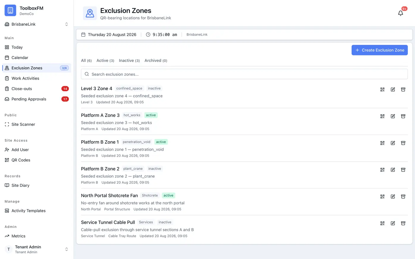 Exclusion Zones list — six QR-bearing zones with hazard type and active status