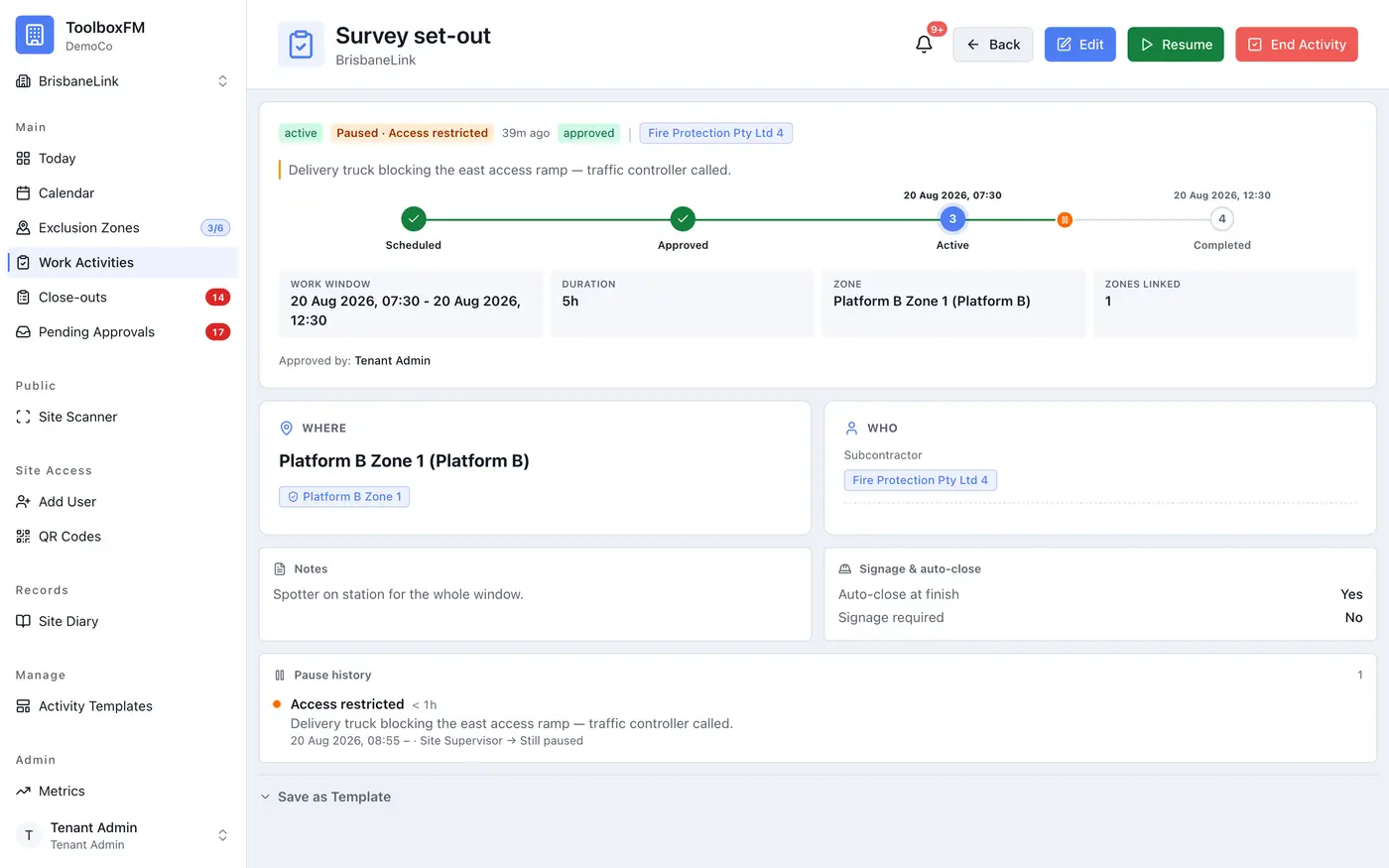 Work activity detail — lifecycle, work window, zone, subcontractor and pause history