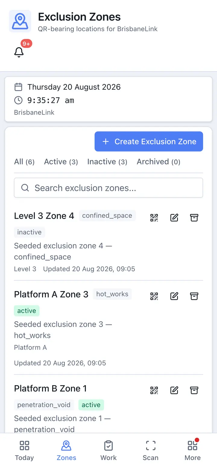 Exclusion Zones on a phone — six QR-bearing zones with hazard type and active status