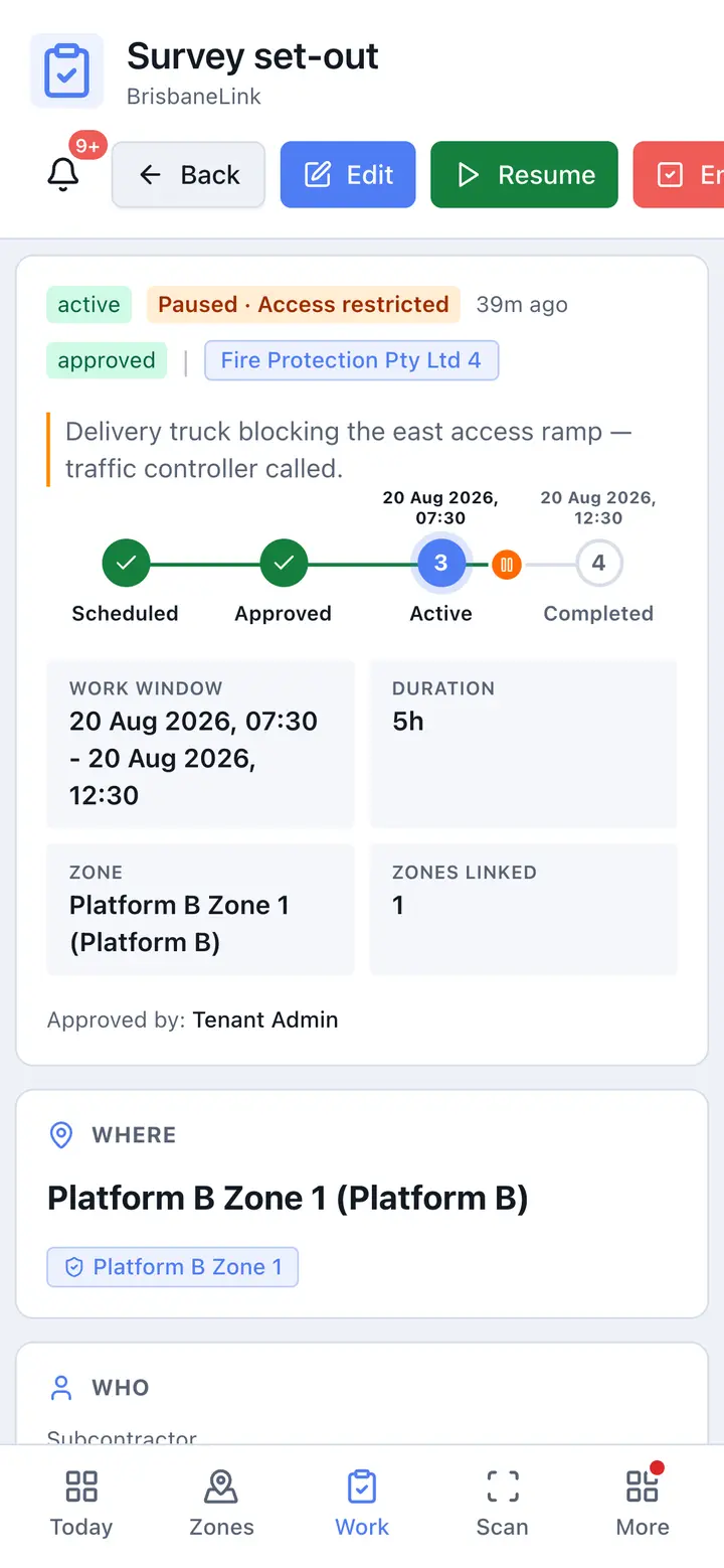 Work activity detail on a phone — lifecycle, work window, zone and pause history
